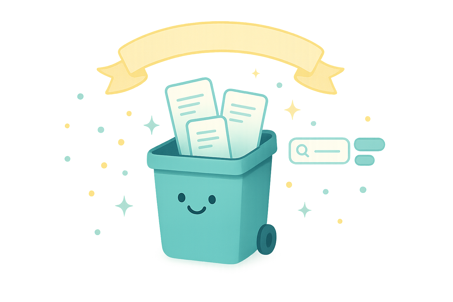 Friendly illustration of a launch banner above a tidy recycling bin with a search box, floating filter chips, and a few document cards waving hello.