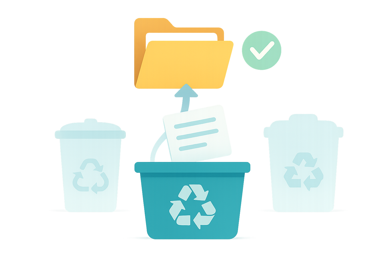 Illustration of a document card lifted by a soft upward arrow out of a recycling bin and back into an open folder, with two recycling-bin silhouettes in the background.