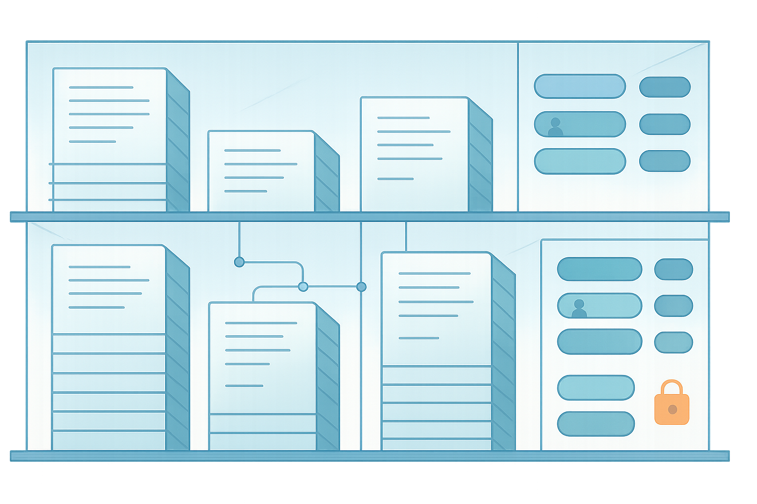 Illustration of stacked document cards arranged as library shelves with metadata pills and version-chain lines, plus a small lock icon.