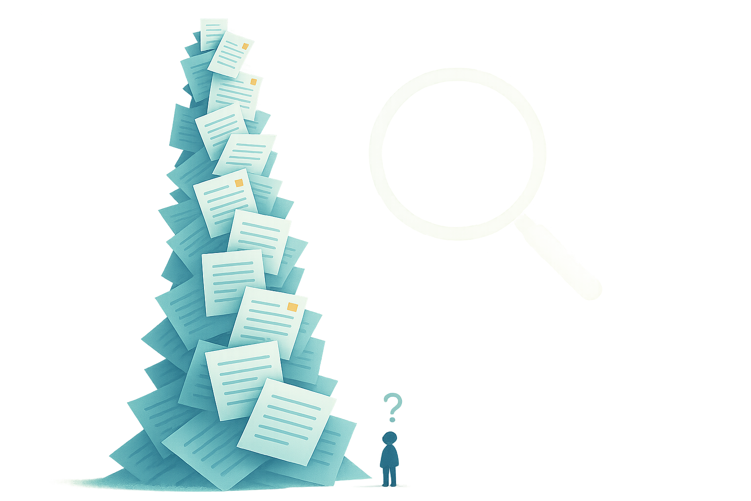 Illustration of a towering stack of document cards representing the native SharePoint recycling bin with no search, and a small figure looking up at it.